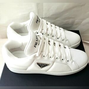 Prada Triangle Logo Padded Sneakers White Leather New